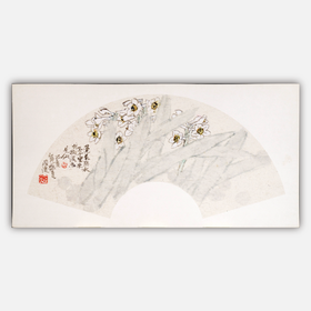 余国庆《蓬莱弱水三千里，未托微波亦是仙》原创国画30CM*60CM卡纸扇面花鸟