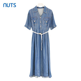 NUTS商场同款夏季蓝色收腰翻领长款水洗牛仔连衣裙428103417