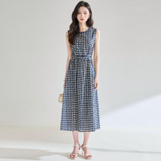 百媚生 格子印花棉质圆领无袖收腰显瘦气质通勤连衣裙25327 商品图3