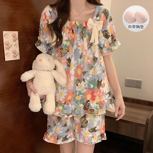 【带胸垫❗薄款短袖套装睡衣】新型亲肤面料家居服，活性印染，透气面料，柔软舒适，不起丢不掉色，薄款防凸点可爱蝴蝶结甜美夏季套装家居服QQ 商品图5