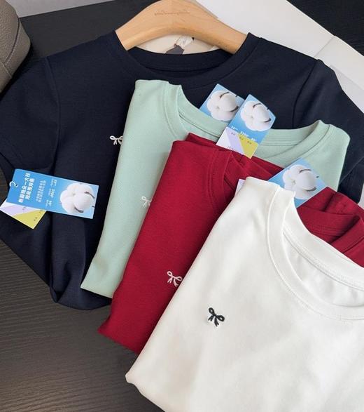 MIU感蝴蝶结刺绣正肩短袖修身显瘦T恤 商品图13