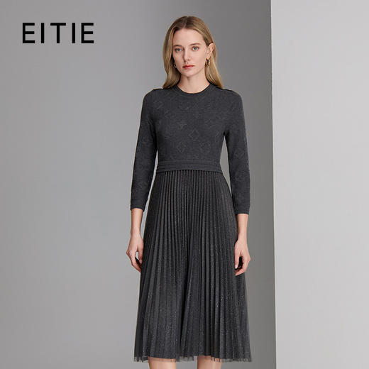 EITIE爱特爱圆领长袖针梭拼接假两件连衣裙8301007 商品图0