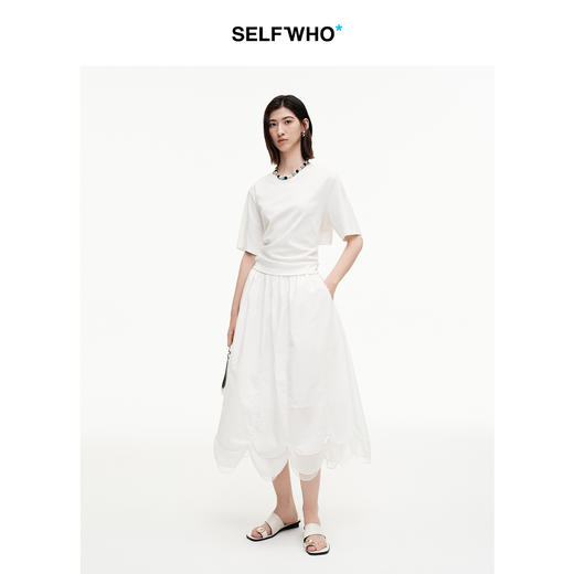 SELFWHO纯棉后背镂空欧根纱绑带短袖女2025夏新款宽松正肩T恤上衣 商品图4