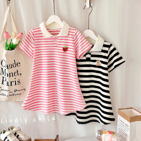 【运动风条纹连衣裙，A类品质，柔软舒适】女童夏装短袖甜美 宝宝条纹学院风公主裙 女孩短袖夏季睡裙连衣裙-QA