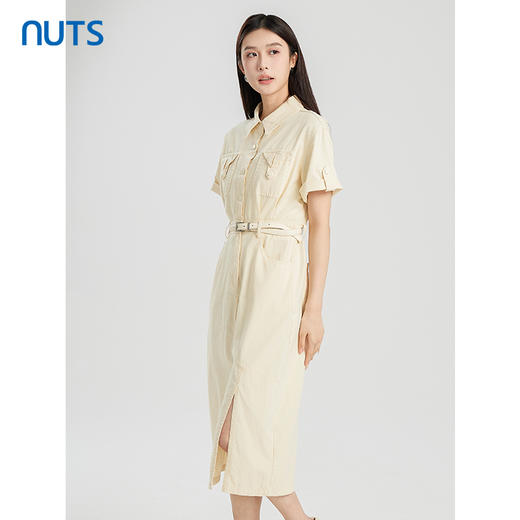 NUTS商场同款夏季杏色简约气质高腰纯棉短袖连衣裙428103408 商品图1