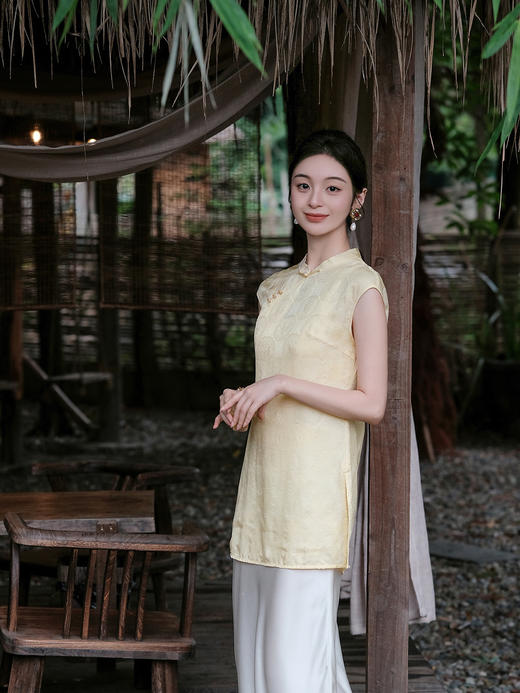 盛唐婧| 新中式小立领斜襟飞飞袖长款上衣 商品图0