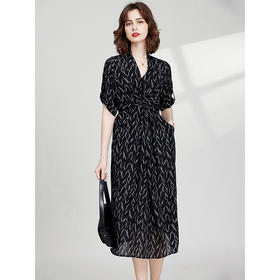 丁摩 重磅真丝连衣裙收腰宽松系带桑蚕丝印花裙子23E034