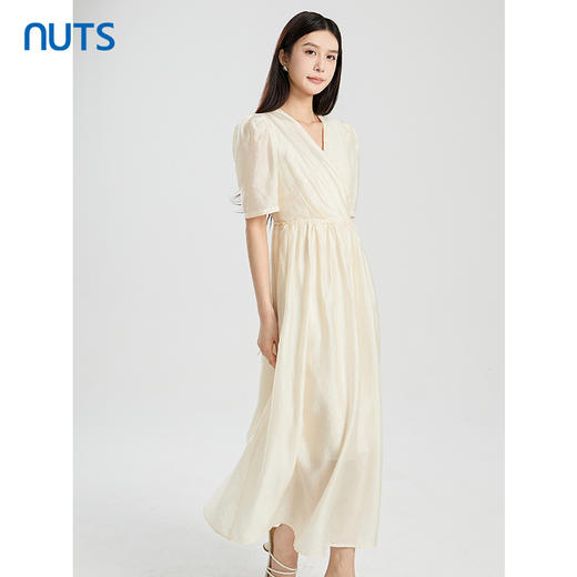 NUTS夏季新款优雅气质V领高腰显瘦大摆短袖连衣裙女428103412 商品图2