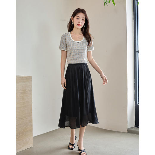 【专属特价】熙世界流沙珠光裙半身裙女夏季新款显瘦杏色仙气纱裙子A字百褶裙 商品图4