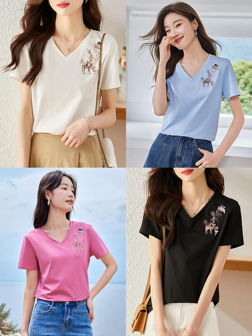 【专属特价】熙世界90%棉小鹿刺绣V领T恤女宽松显瘦减龄夏季新款中国风女大码短袖 商品图2