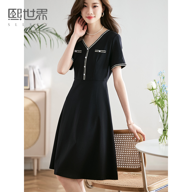 【专属特价】熙世界赫本小香风连衣裙女2025夏季新款气质织带V领A字显瘦小黑裙