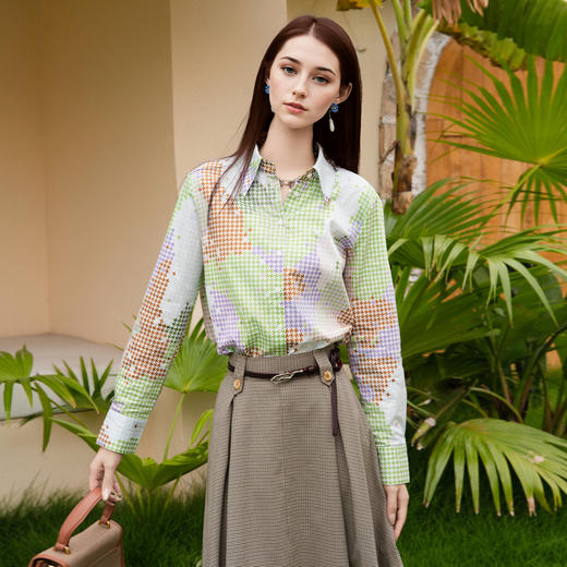 谜底100%棉花衬衫长袖女2025秋新款复古风印花宽松衬衣257MC7791 商品图0