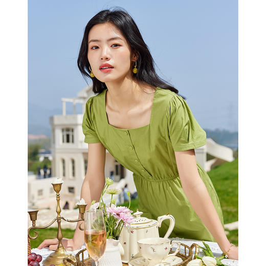 【专属特价】绿色方领连衣裙女夏新款盐系泡泡袖纯棉气质收腰裙子 商品图2