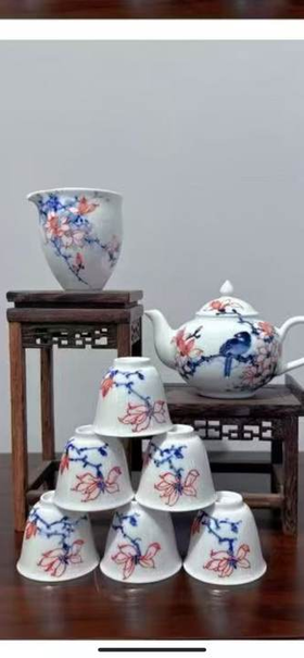釉下彩花鸟茶具套组