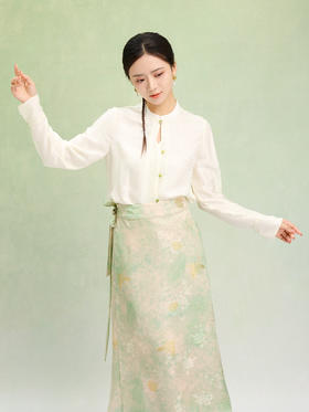 【明星同款】荷言GL 新玉满堂 山水提花米白色新中式衬衫真丝上衣