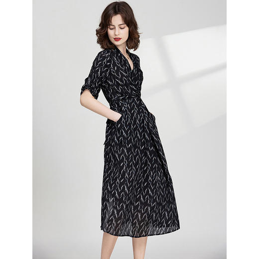 丁摩 重磅真丝连衣裙收腰宽松系带桑蚕丝印花裙子23E034 商品图1