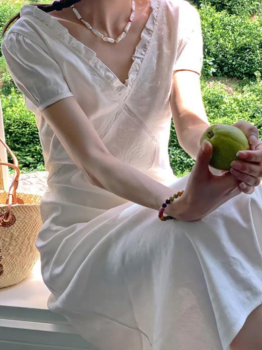 浮生八记/25B078/法式复古刺绣木耳边V领泡泡袖连衣裙 商品图0