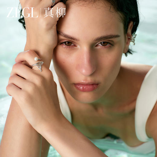 ZEGL设计师人鱼戒指女小众设计蓝色鱼尾轻奢人造珍珠开口食指套戒 商品图0