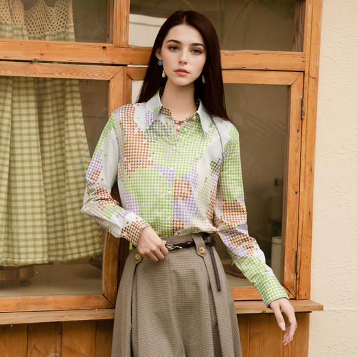 谜底100%棉花衬衫长袖女2025秋新款复古风印花宽松衬衣257MC7791 商品图1