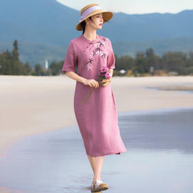 丁摩 亚麻国风立领盘扣改良式旗袍裙中袖连衣裙S511