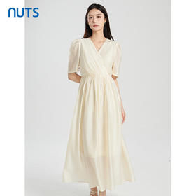 NUTS夏季新款优雅气质V领高腰显瘦大摆短袖连衣裙女428103412