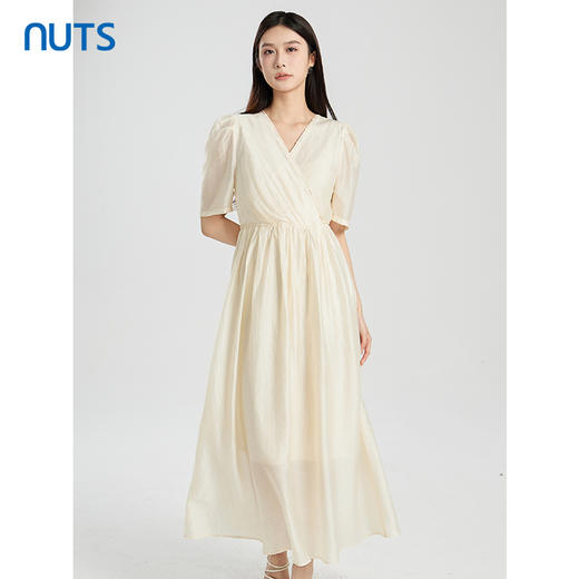 NUTS夏季新款优雅气质V领高腰显瘦大摆短袖连衣裙女428103412 商品图0