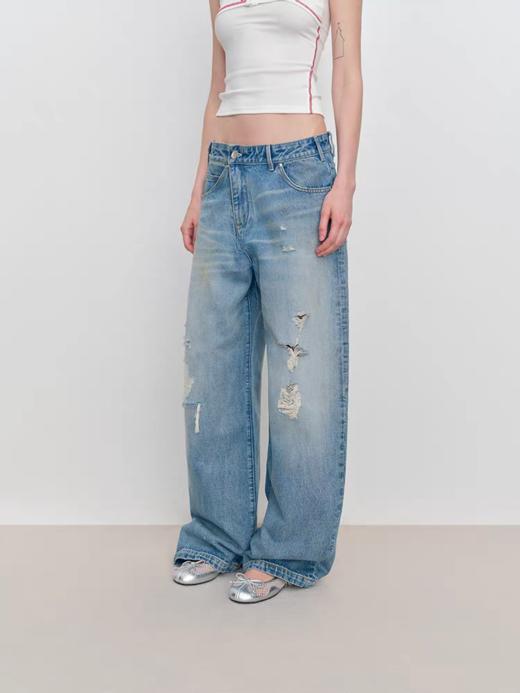 出逃赤岗西/25SSN100/复古浅蓝色破洞牛仔裤 商品图0