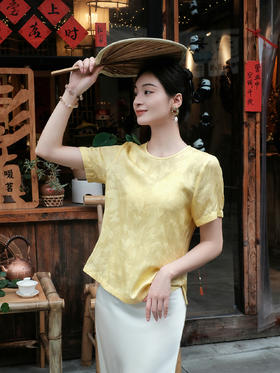 盛唐婧| 新中式桑蚕丝四经绞罗蝶影百搭上衣-黄色