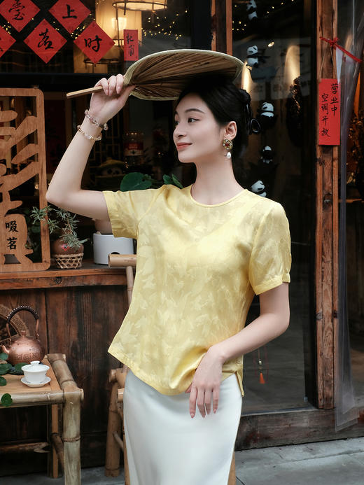 盛唐婧| 新中式桑蚕丝四经绞罗蝶影百搭上衣-黄色 商品图0