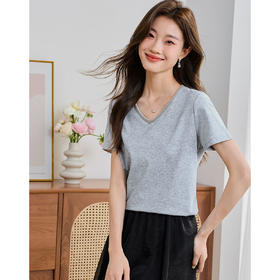 【五折购】熙世界2025夏款时髦短袖t恤女织带V领百搭显瘦上衣T