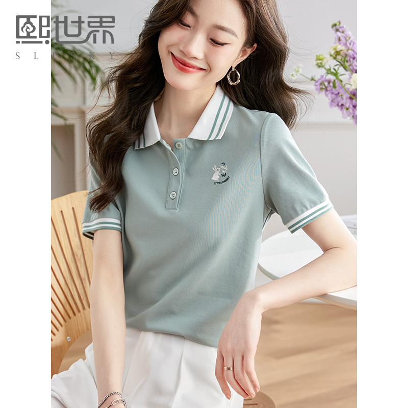 【专属特价】熙世界珠地棉polo衫女短袖2025夏季新款卡通兔子撞色翻领T恤上衣