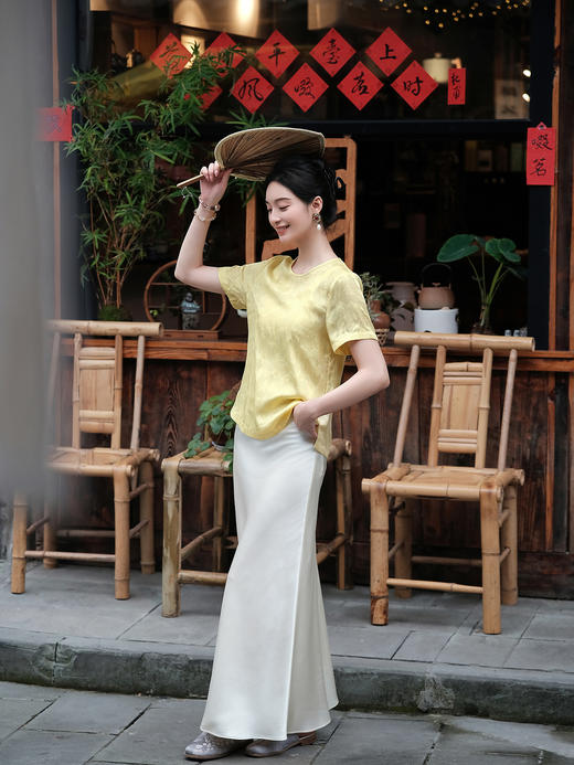 盛唐婧| 新中式桑蚕丝四经绞罗蝶影百搭上衣-黄色 商品图2