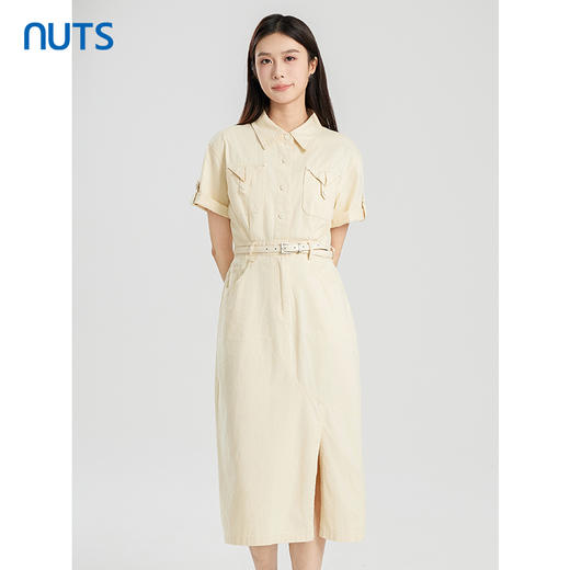 NUTS商场同款夏季杏色简约气质高腰纯棉短袖连衣裙428103408 商品图0