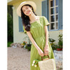 【专属特价】绿色方领连衣裙女夏新款盐系泡泡袖纯棉气质收腰裙子 商品缩略图0
