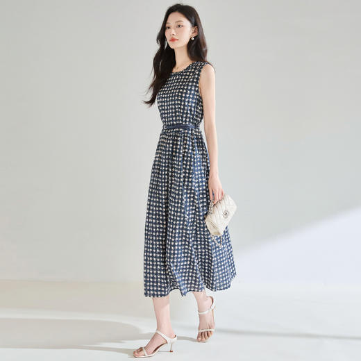 百媚生 格子印花棉质圆领无袖收腰显瘦气质通勤连衣裙25327 商品图0