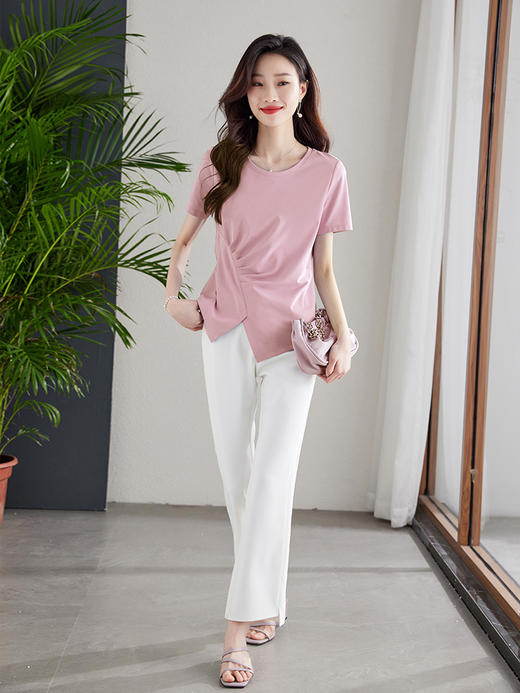 【专属特价】熙世界不规则短袖T恤女夏2025年新款休闲纯色圆领设计感别致上衣 商品图2