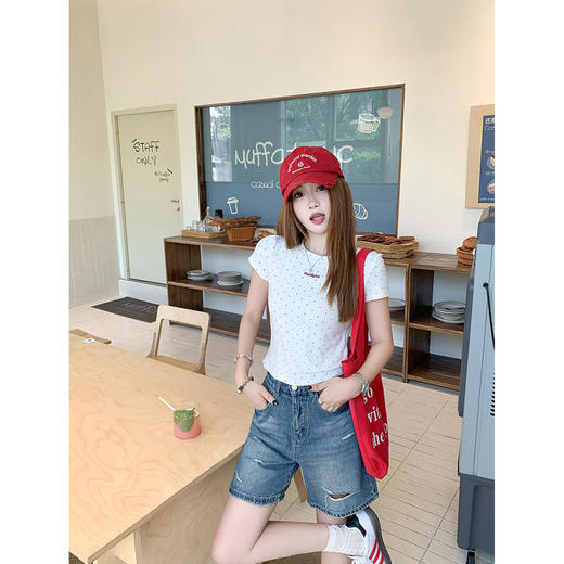 <曾小咸推荐>韩系深蓝破洞牛仔裤五分裤短裤 商品图1