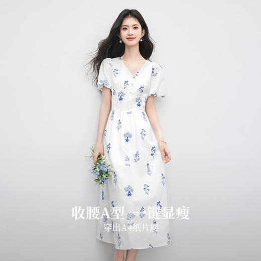 【07/16新品】熙世界植物系刺绣V领连衣裙女收腰显瘦夏季法式气质纯棉掐腰裙子 商品图1
