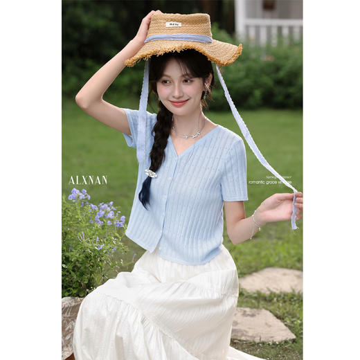 鹿向南「清川织夏」浅蓝色韩系V领针织衫女夏薄款设计感短袖上衣 商品图1