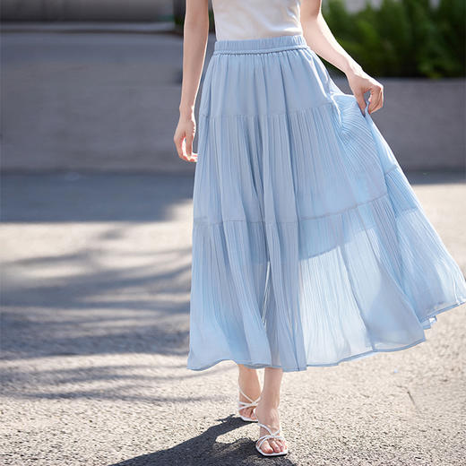 【专属特价】熙世界浅蓝色百褶半身裙女夏2025新款高腰显瘦垂感a字长裙蛋糕裙 商品图3