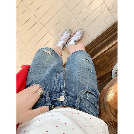 <曾小咸推荐>韩系深蓝破洞牛仔裤五分裤短裤 商品图2