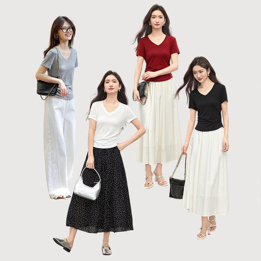 【07/16新品】熙世界抽褶收腰天丝T恤女夏季短袖纯色气质修身显瘦莱赛尔V领上衣 商品图3