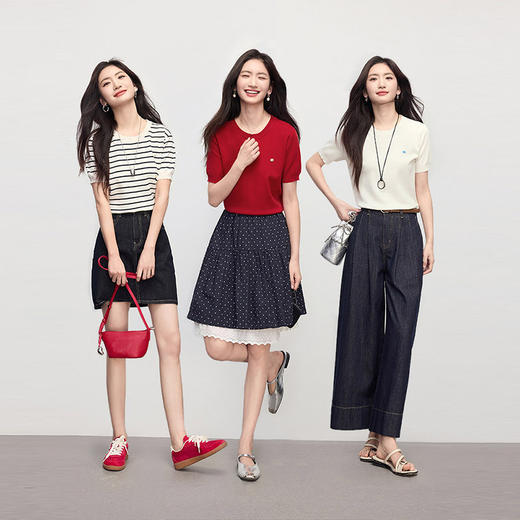 【专属特价】熙世界2025夏季新款圆领条纹针织衫女薄款仿亚麻短袖正肩T恤上衣 商品图2