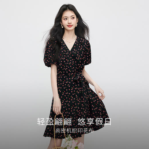【07/16新品】熙世界法式碎花V领连衣裙女夏新款小个子围裹式系带收腰茶歇裙子 商品图1