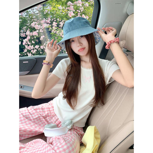 <曾小咸推荐>韩版甜美蕾丝花边蝴蝶结短袖T恤 商品图1