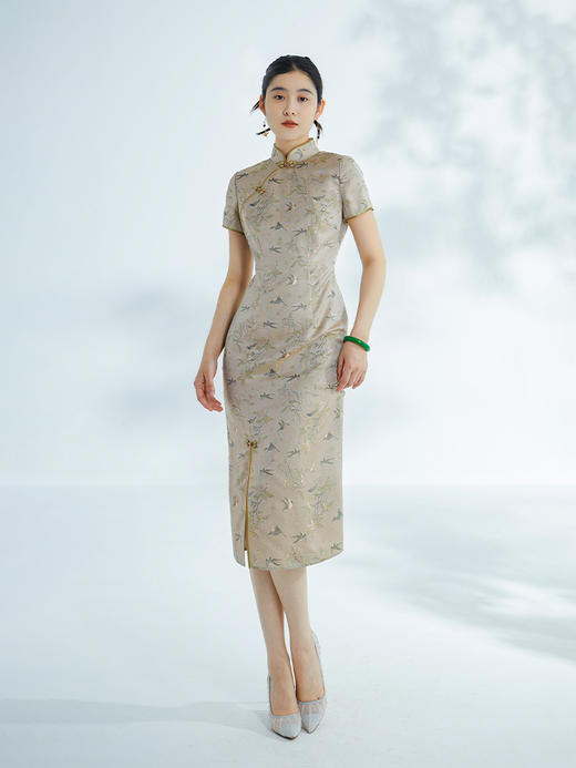 荷言GL 婉兮 山雀琵琶纹仿罗丝质旗袍浅绿色手工盘扣 商品图1