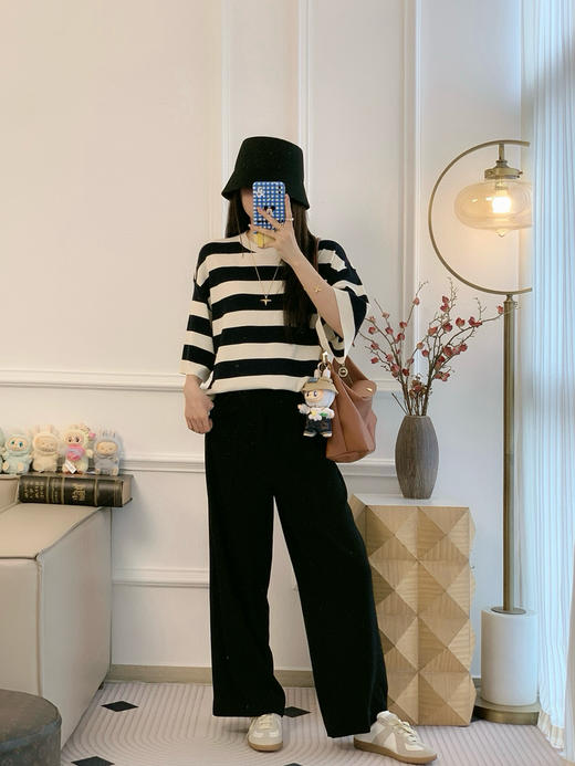 715-3  慵懒不懒散 松弛高级 25早秋 ed拼接条纹 宽松圆领中袖上衣 商品图2