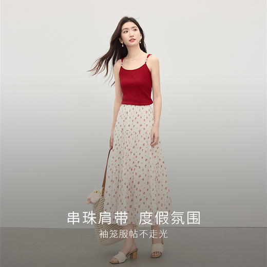 【周末秒杀】熙世界2025新款复古港风串珠肩带背心女夏季内搭红色无袖吊带上衣 商品图2