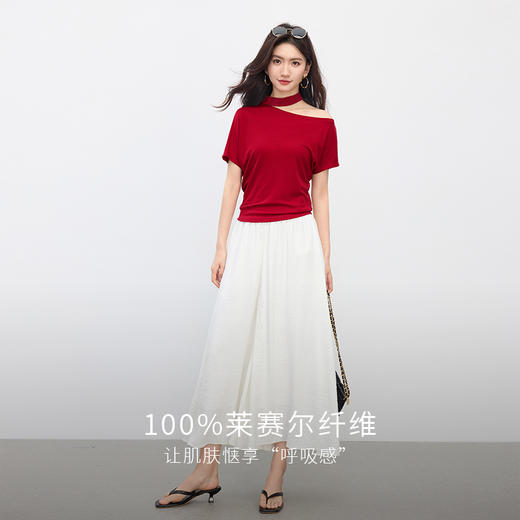 【07/16新品】熙世界100%天丝斜肩挂脖短袖t恤女小众设计短袖红色体恤别致上衣 商品图2