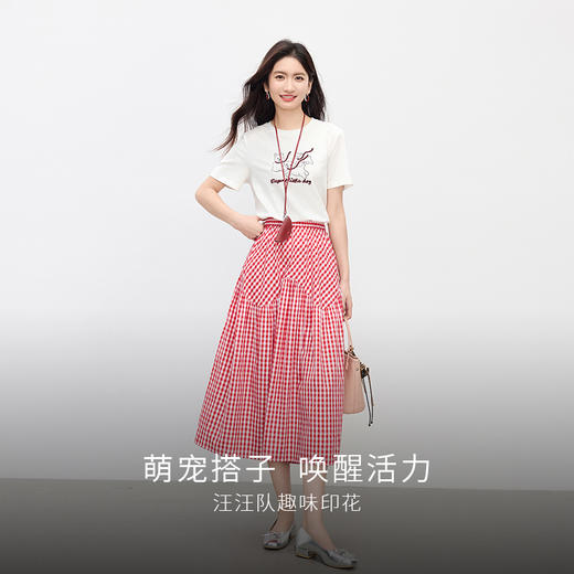 【07/16新品】熙世界夏天巨好看的套装女新款小狗短袖T恤红色格纹半身裙两件套 商品图2